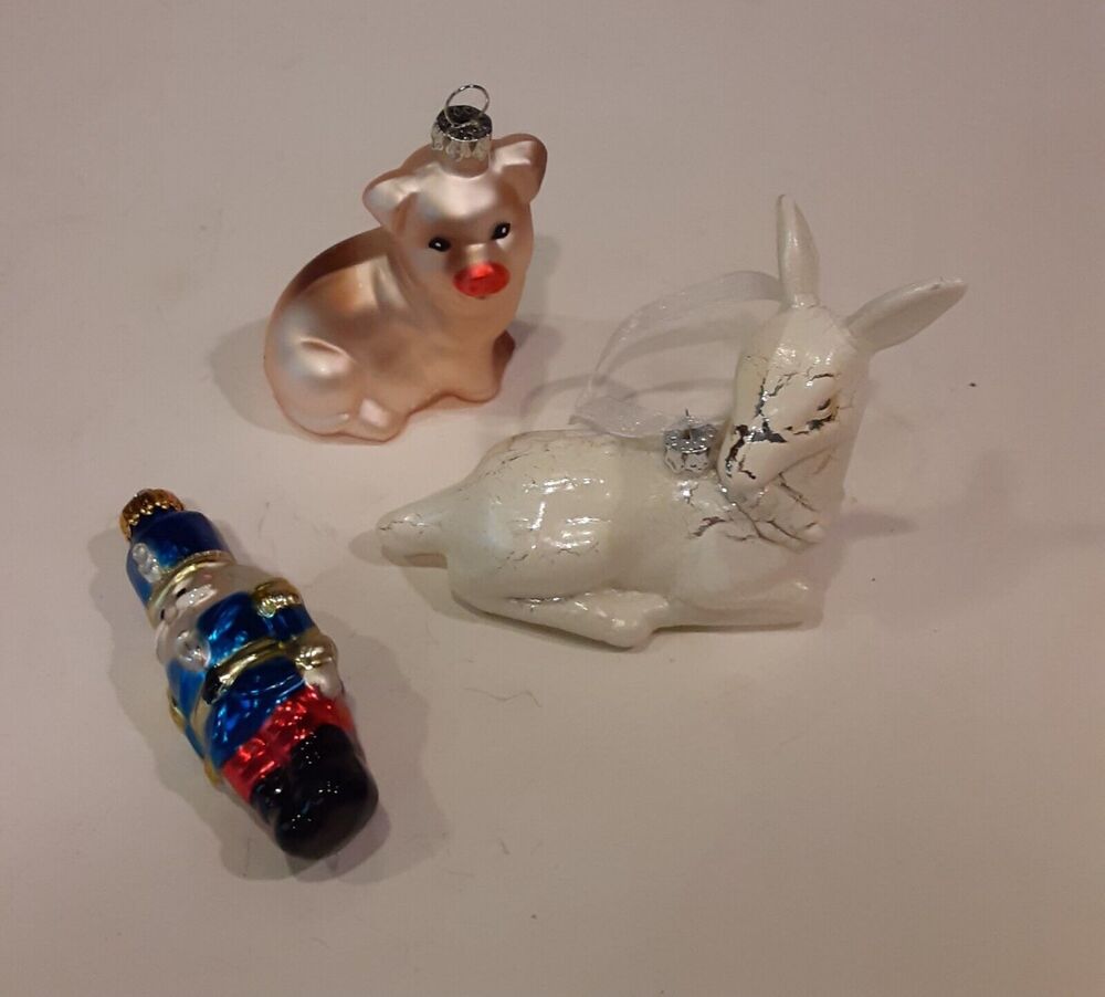 Vintage & Modern Glass 3pc Mixed Christmas Ornaments Pig Soldier Doe